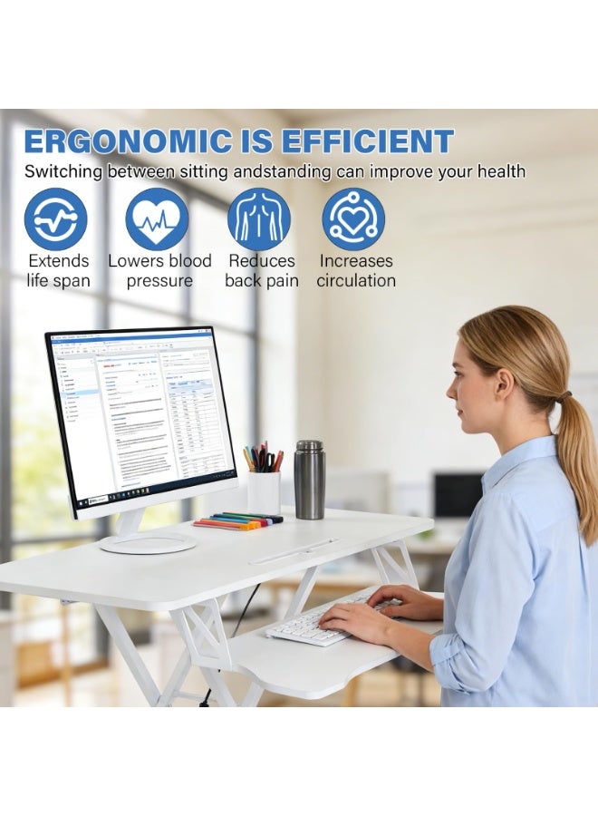 كيل › محول مكتب قائم قابل لتعديل الارتفاع باللون الأبيض 32 بوصة مريح مزدوج الإطار على شكل X مع حامل لوحة المفاتيح للمكتب والمنزل - Image 3